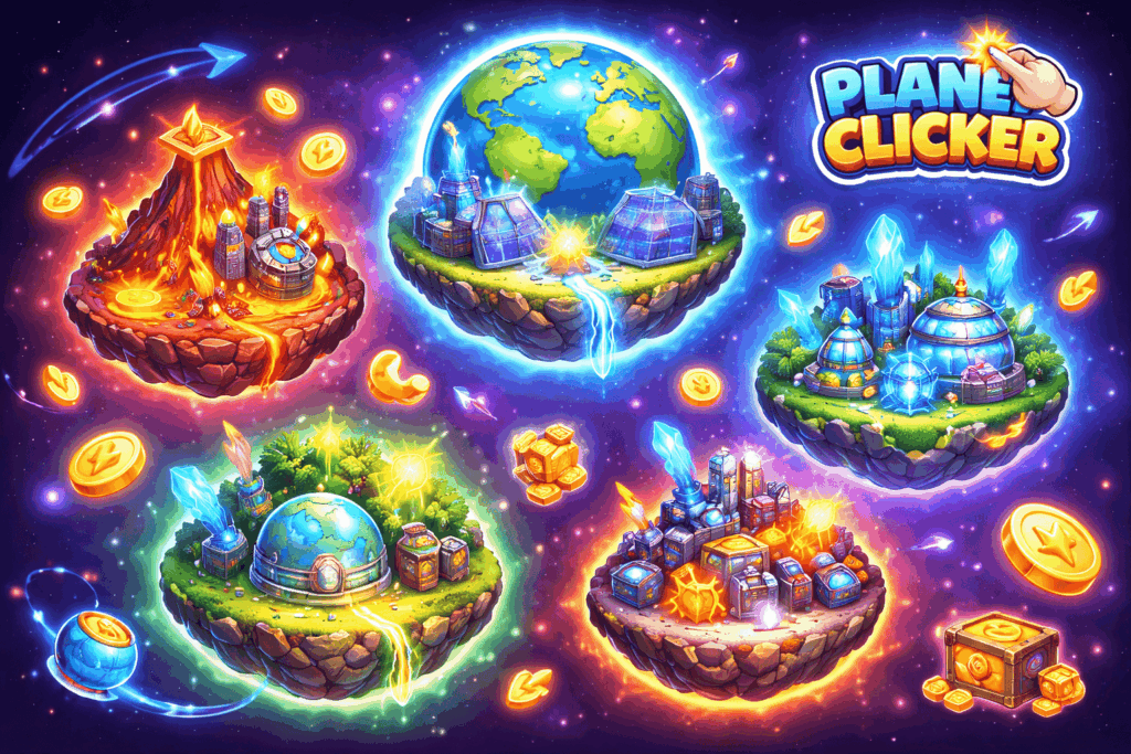 Planet Clicker ecosystem with multiple upgradeable planets, energy resources, and futuristic buildings in space